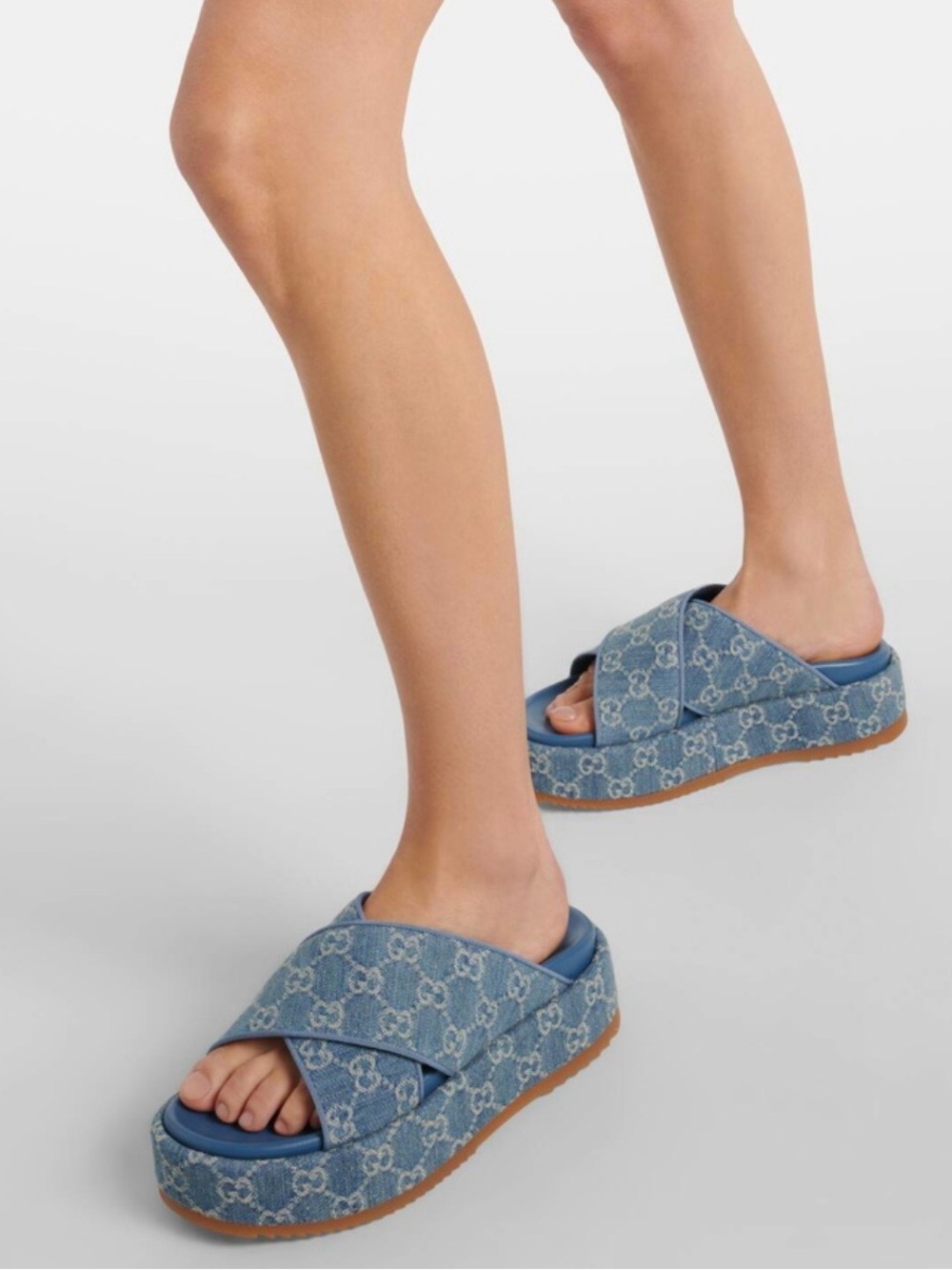 GUCCI Light Blue Denim Cross-Strap Platform Mules (with box)🩵 - Picture 3 of 8